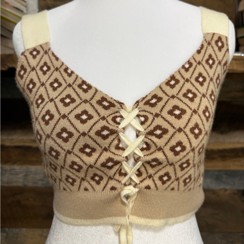 Knit Lace-Up Tank Top in Brown & Cream